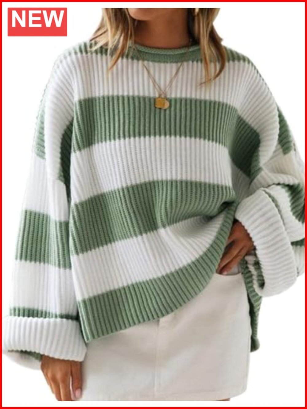Oversized Striped Knit Pullover Sweater Long Sleeve Crew Neck